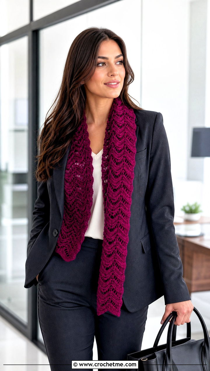 Chevron Wavy Crochet Scarf With Blazer and Trousers - 25 wavy crochet scarf outfit ideas