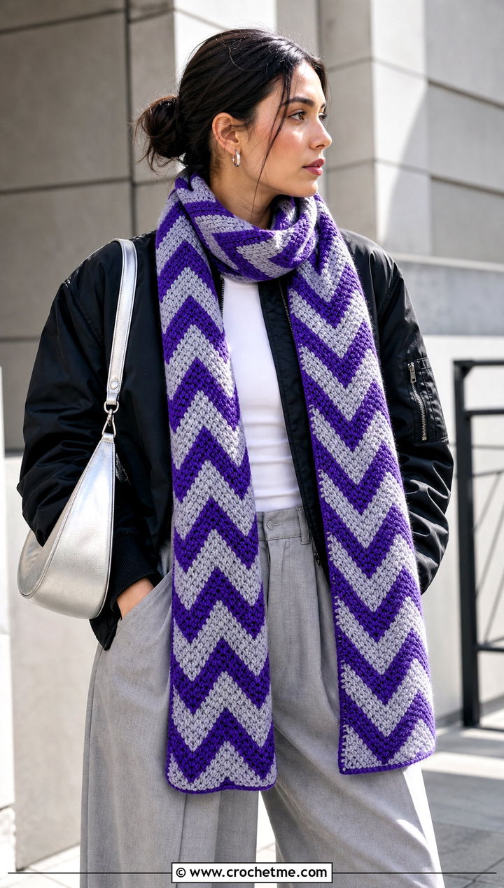 Chevron Worsted Weight Crochet Scarf With Bomber Jacket - 20 Crochet Scarf Worsted Weight Yarn outfit ideas