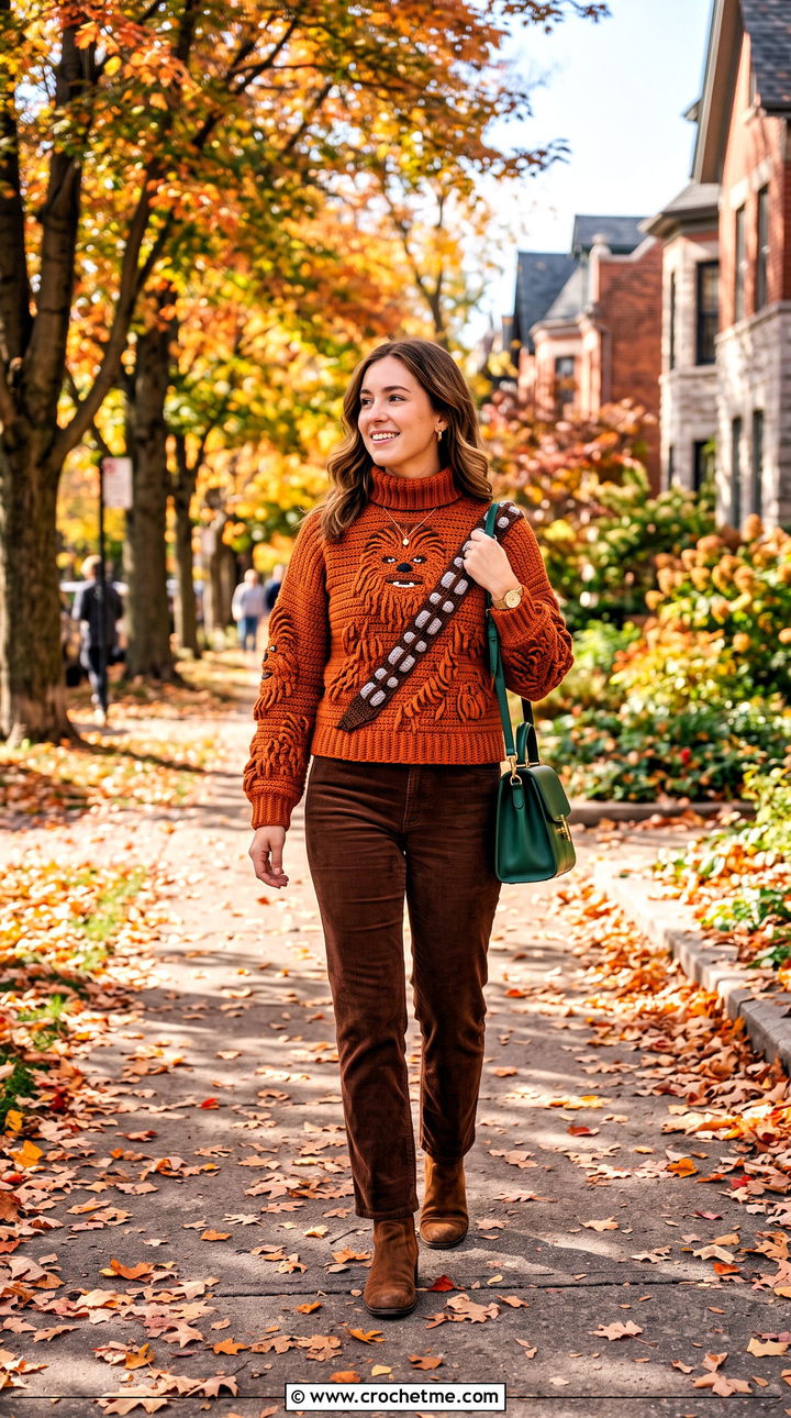 Chewbacca Turtleneck Crochet Sweater With Corduroy Pants - 20 Star Wars Crochet Sweater outfit ideas