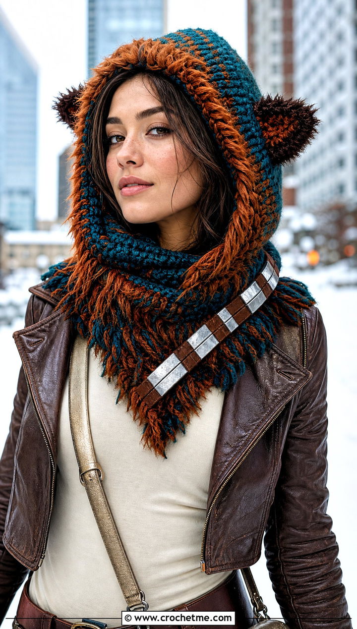 Chewbacca Wookie Hood With Leather Jacket - 15 Star Wars Crochet Hat outfit ideas