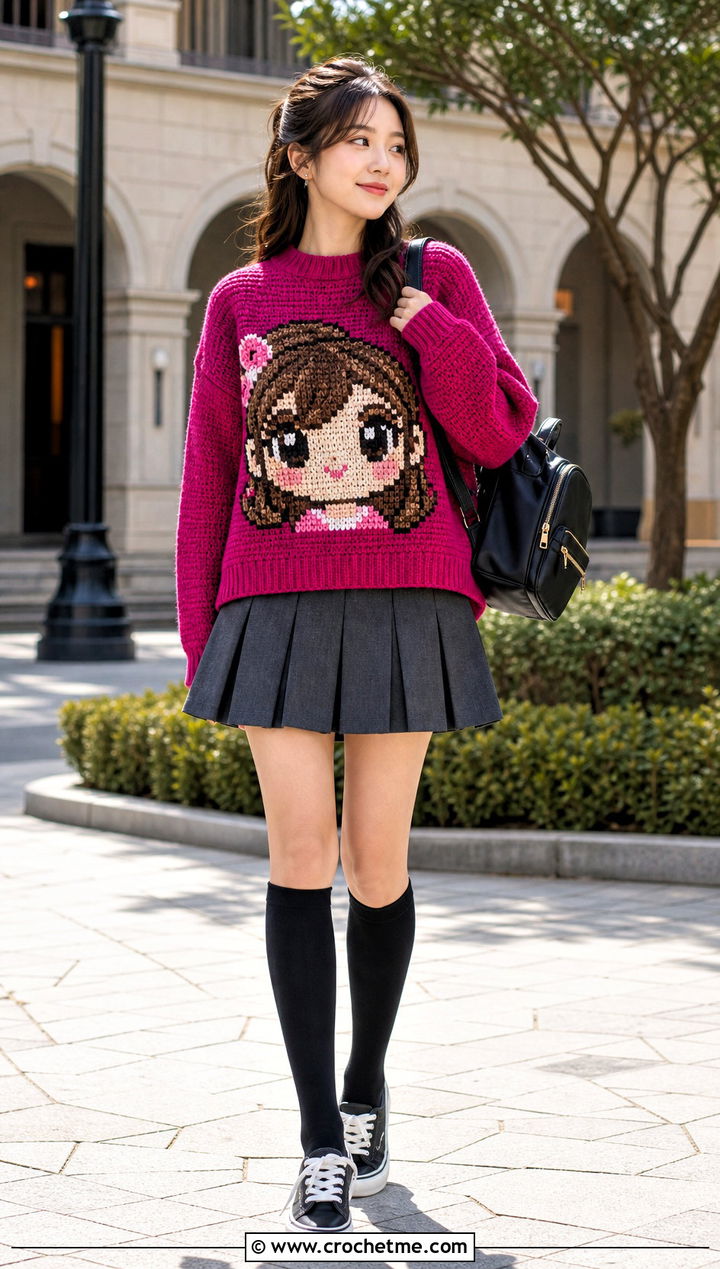 Chibi Character Crochet Sweater With Tennis Skirt - 30 Anime Crochet Sweater outfit ideas