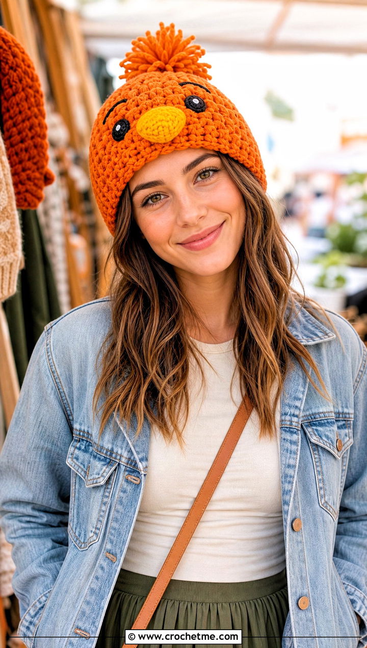 Chica Crochet Pom Pom Hat With Denim Jacket And Midi Skirt - 25 fnaf crochet hat outfit ideas
