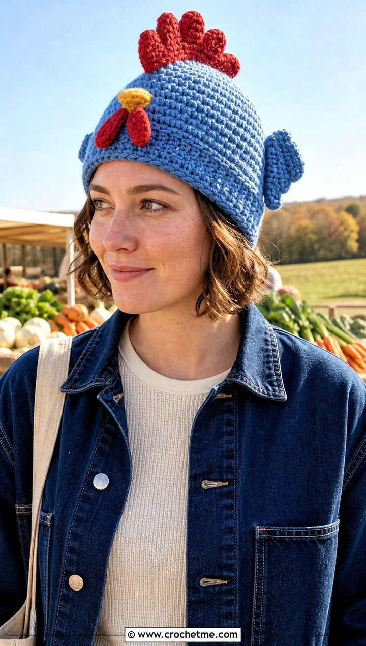 Chicken Comb Crochet Beanie With Farmhouse Denim - 25 Weird Crochet Hat outfit ideas