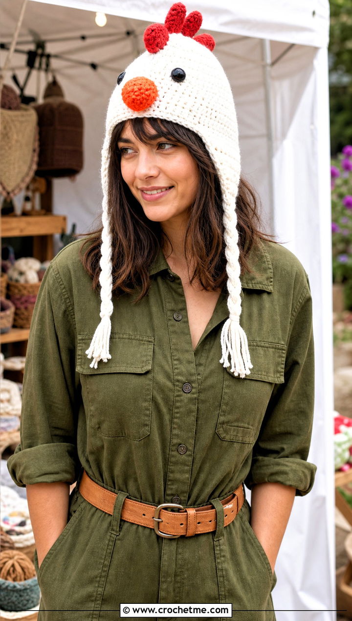 Chicken Crochet Earflap Hat With A Utility Jumpsuit - 30 funny crochet hat outfit ideas