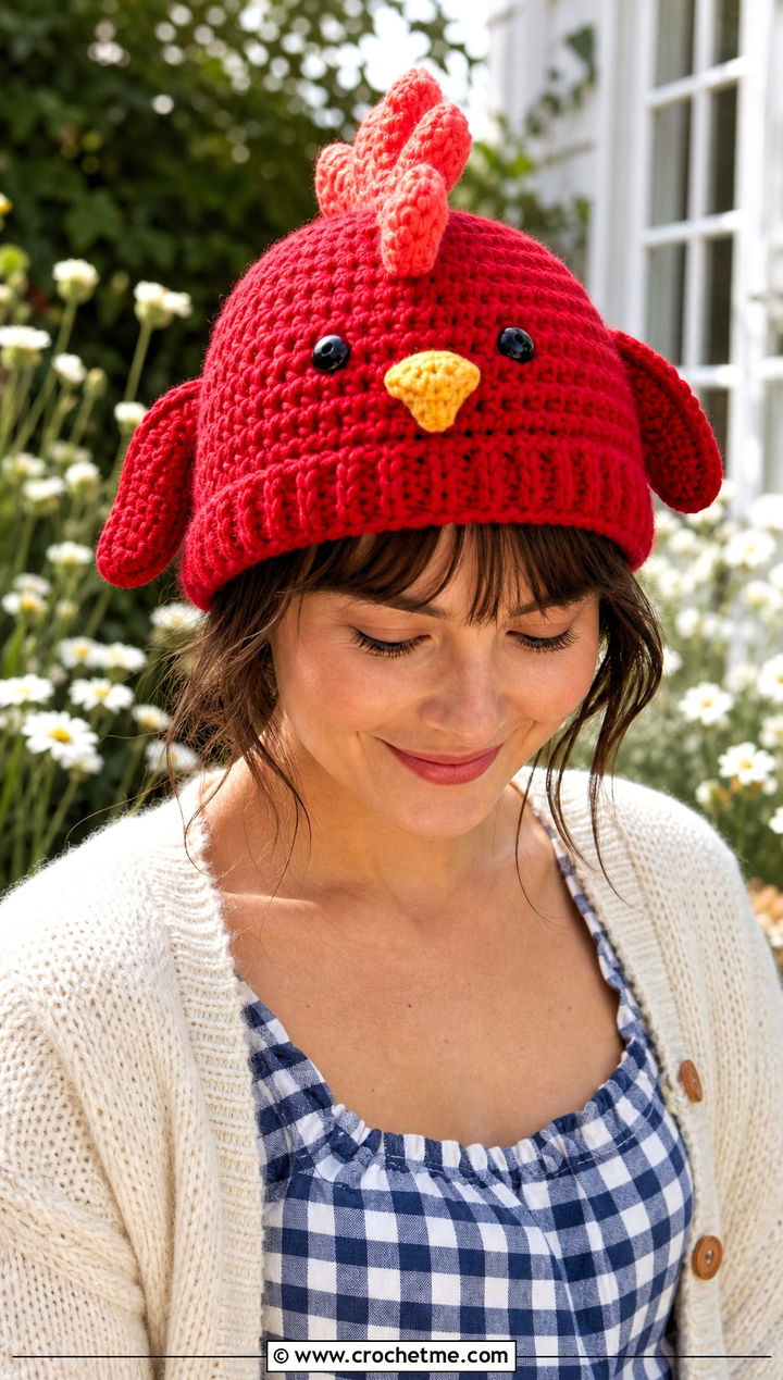 Chicken Crochet Hat With Gingham Dress - 30 crochet funny hats outfit ideas