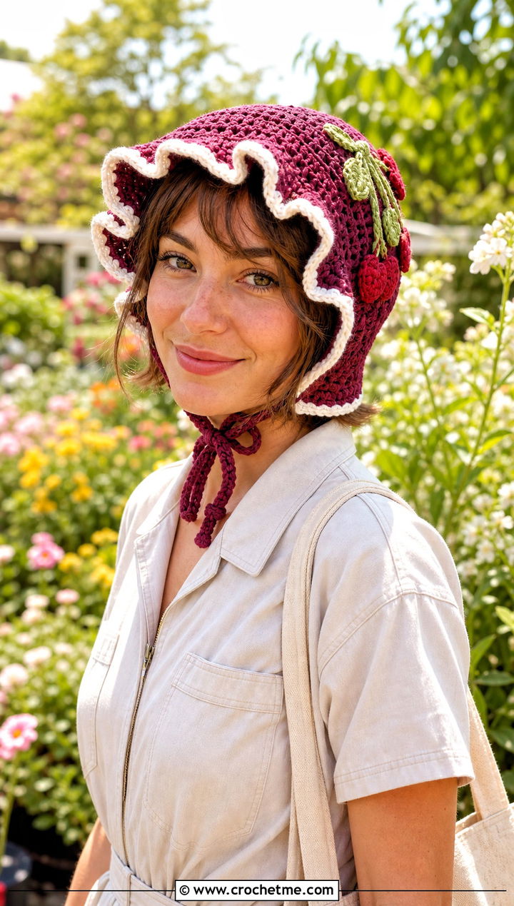 Chin Strap Strawberry Shortcake Sun Bonnet With Jumpsuit - 30 crochet strawberry shortcake hat outfit ideas
