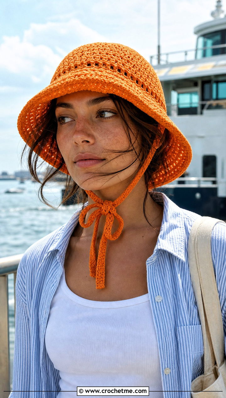 Chin Tie Crochet Beach Hat With Coastal Workwear - 30 crochet beach hats outfit ideas