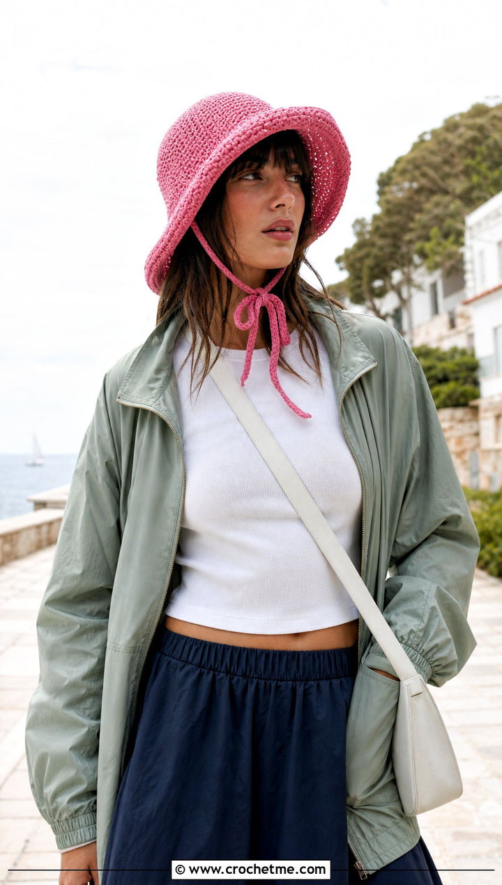 Chin Tie Crochet Brimmed Hat With Windbreaker And Midi Skirt - 25 crochet brimmed hat outfit ideas