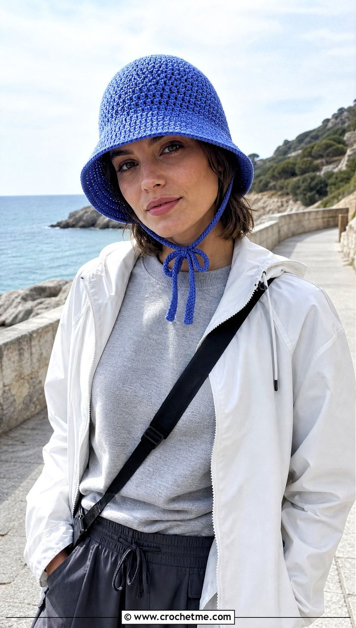 Chin Tie Crochet Bucket Hat With Rain Jacket - 25 crochet bucket hat ideas