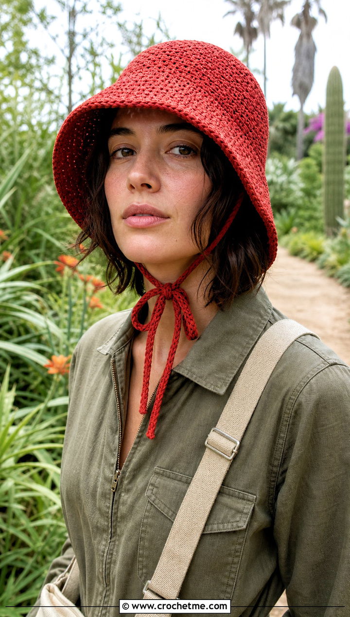 Chin Tie Crochet Raffia Bucket Hat With Utility Jumpsuit - 25 crochet raffia bucket hat outfit ideas