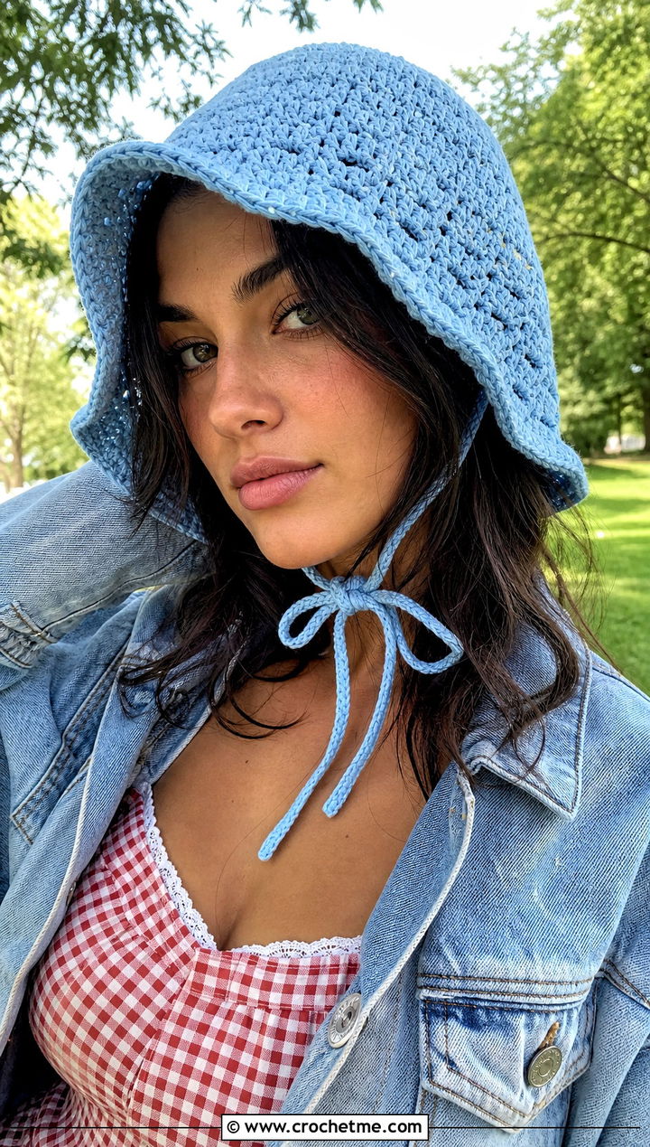 Chin Tie Crochet Sun Hat With Picnic Dress - 25 summer crochet sun hat outfit ideas