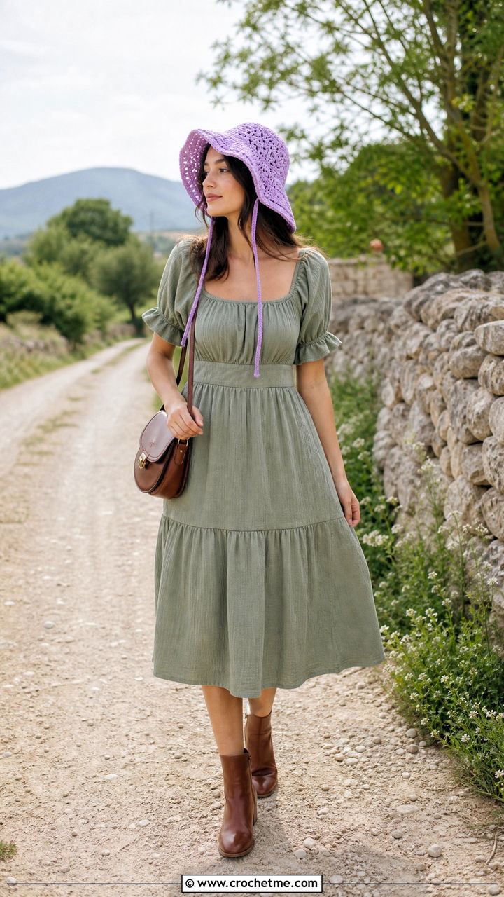 Chin Tie Crochet Sun Hat With Prairie Dress - 35 crochet sun hat outfit ideas