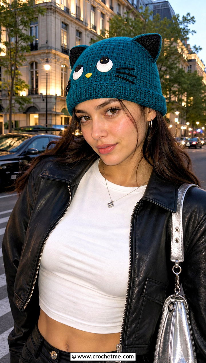 Chococat Crochet Fisherman Beanie With A Leather Jacket - 30 sanrio crochet hat outfit ideas