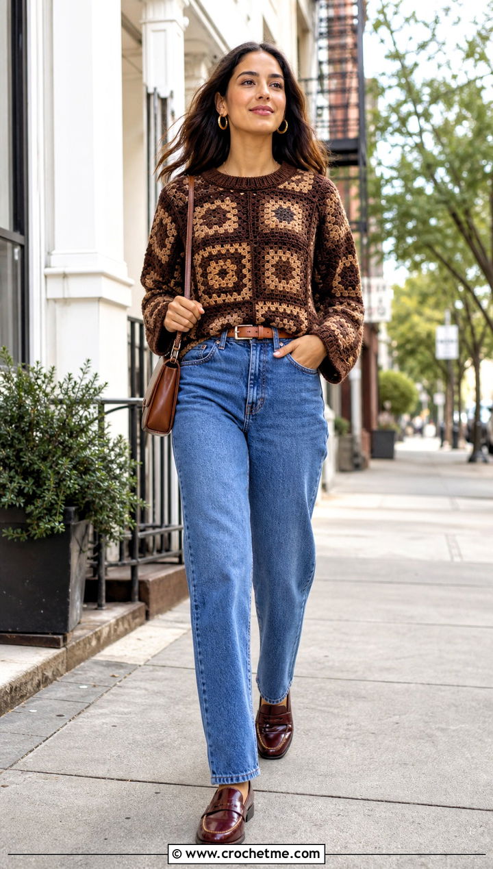 Chocolate Brown Granny Square Crochet Sweater With Straight Leg Jeans - 15 Brown Crochet Sweater Design outfit ideas