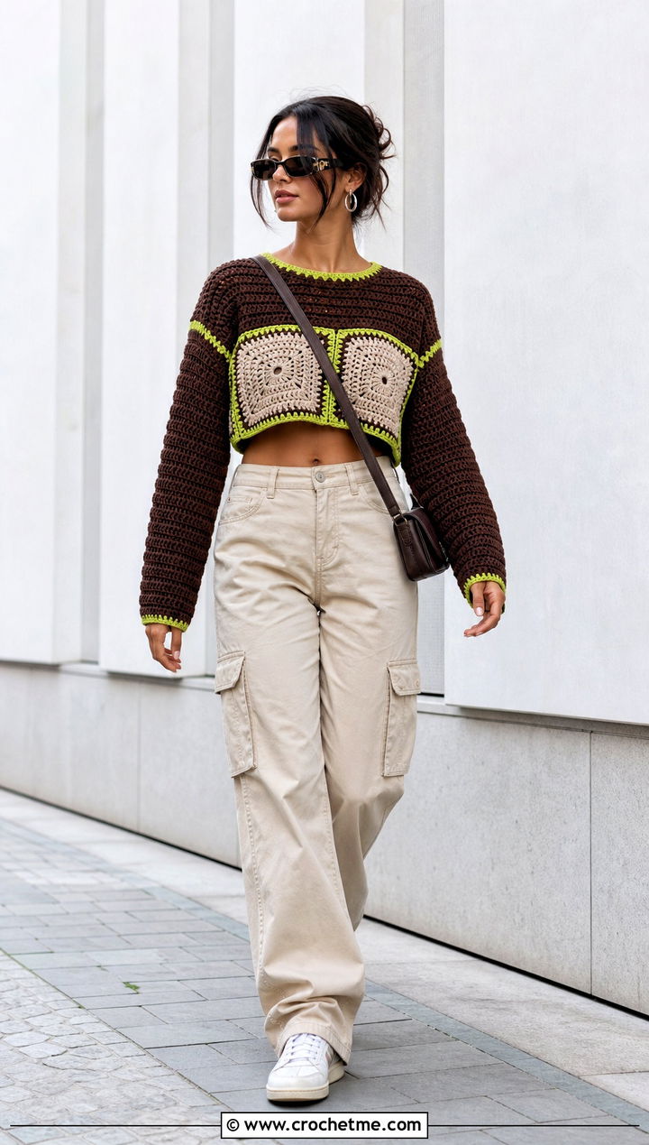 Chocolate Cropped Crochet Sweater With Cargo Pants - 25 Brown And Beige Crochet Sweater outfit ideas