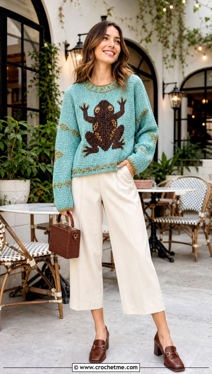 Chocolate Frog Crochet Sweater With Culottes - 25 Harry Potter Crochet Sweater outfit ideas