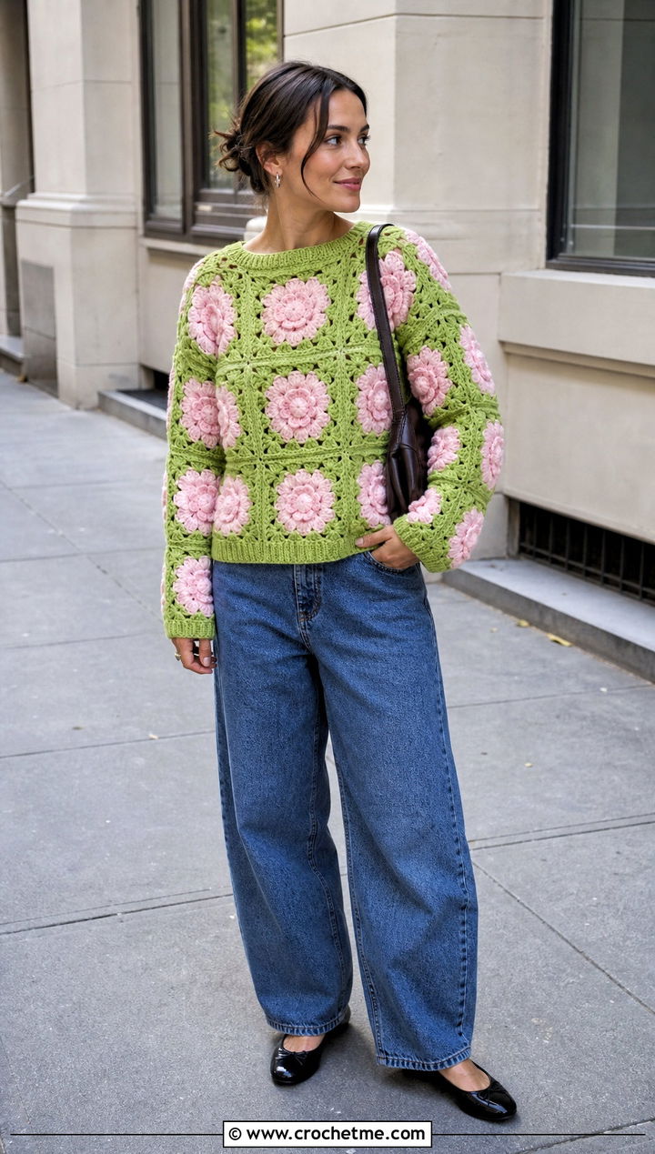 Chrysanthemum Granny Square Sweater With Barrel Jeans - 30 flower granny square sweater outfit ideas