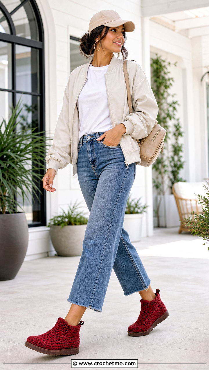 Chukka Crochet Slipper Boots With Jeans And Bomber Jacket - 35 crochet slipper boots outfit ideas