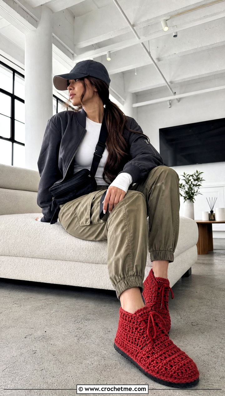 Chukka Crochet Slippers With Cargo Pants - 15 Women's Crochet Slippers outfit ideas