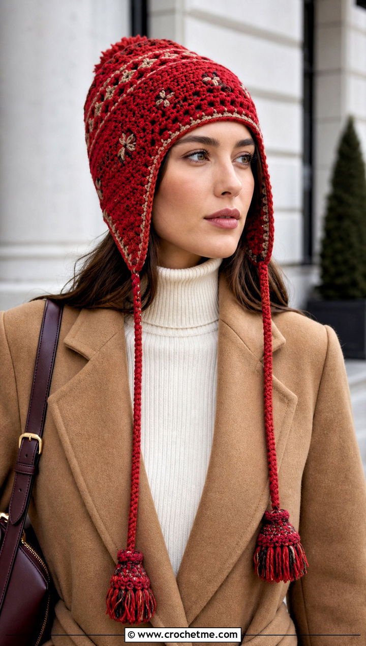Chullo Earflap Crochet Beanie With Wool Coat - 25 Earflap Crochet Beanie outfit ideas