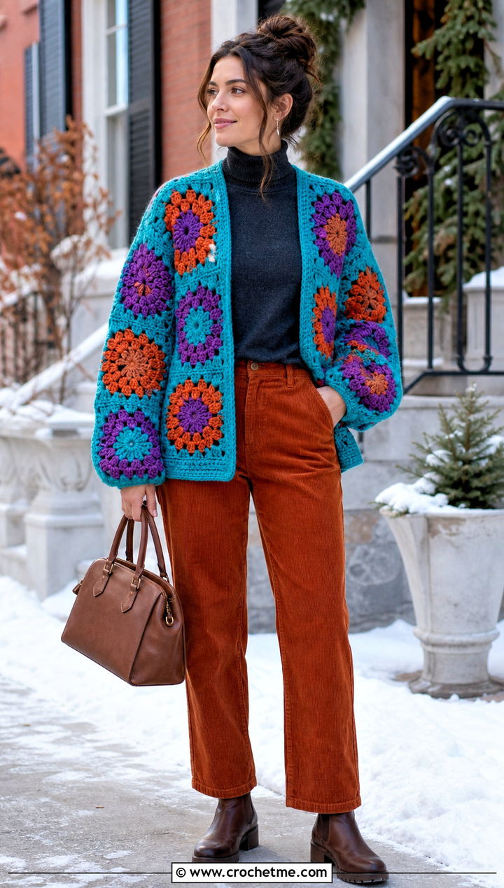 Chunky African Flower Crochet Cardigan With Corduroy Trousers - 30 african flower crochet cardigan outfit ideas