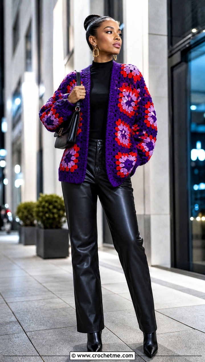 Chunky African Flower Granny Square Cardigan With Leather Pants - 30 african flower granny square cardigan outfit ideas