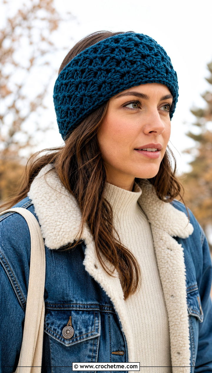 Chunky Alpine Stitch Crochet Ear Warmer With Denim Jacket - 30 chunky yarn crochet ear warmer outfit ideas