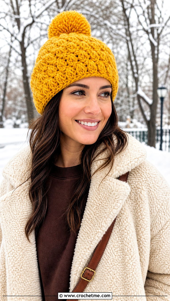 Chunky Alpine Stitch Pom Pom Hat With Teddy Coat - 15 Alpine Stitch Crochet Hat outfit ideas
