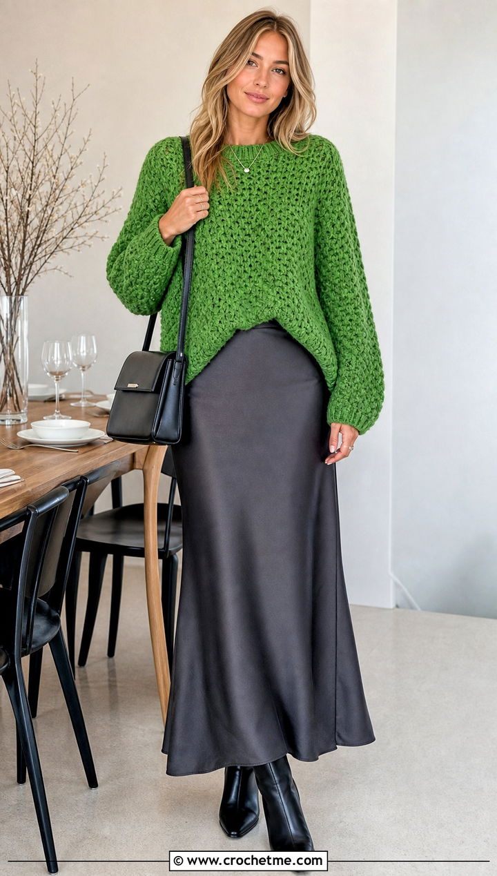 Chunky Alpine Stitch Sweater With Maxi Slip Skirt - 25 crochet alpine stitch sweater outfit ideas