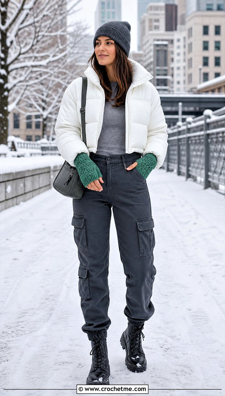 Chunky Alpine Stitch Wrist Warmers With Puffer Jacket - 35 crochet wrist warmers outfit ideas