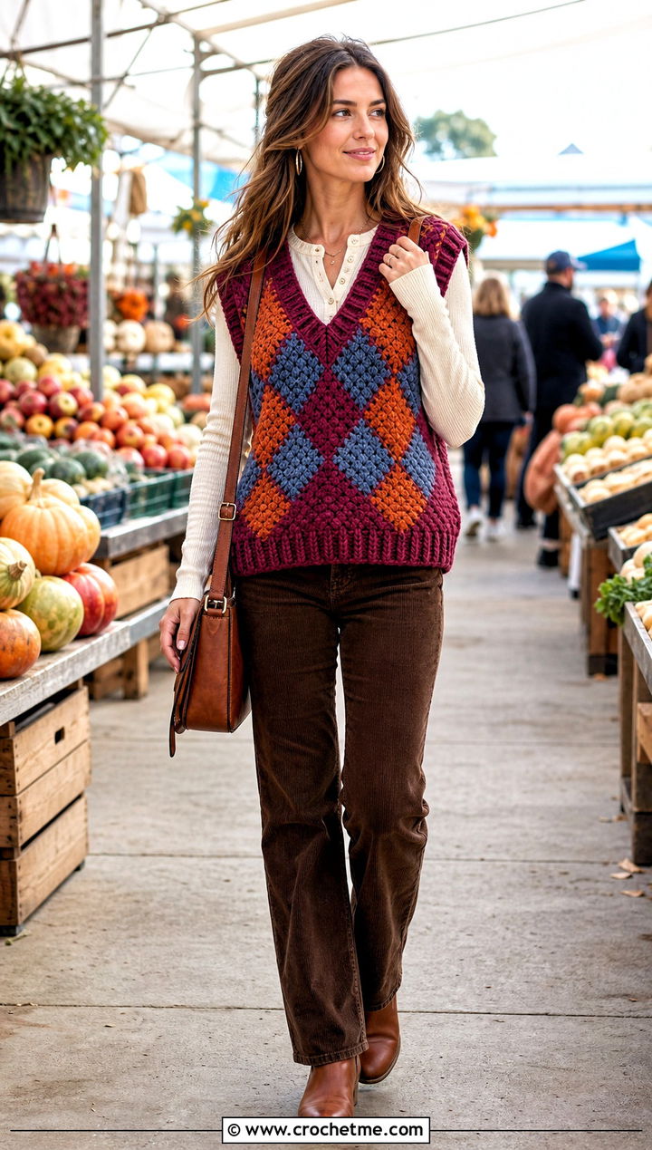 Chunky Argyle Crochet Sweater Vest With Corduroy Pants - 20 Argyle Crochet Sweater Vest outfit ideas