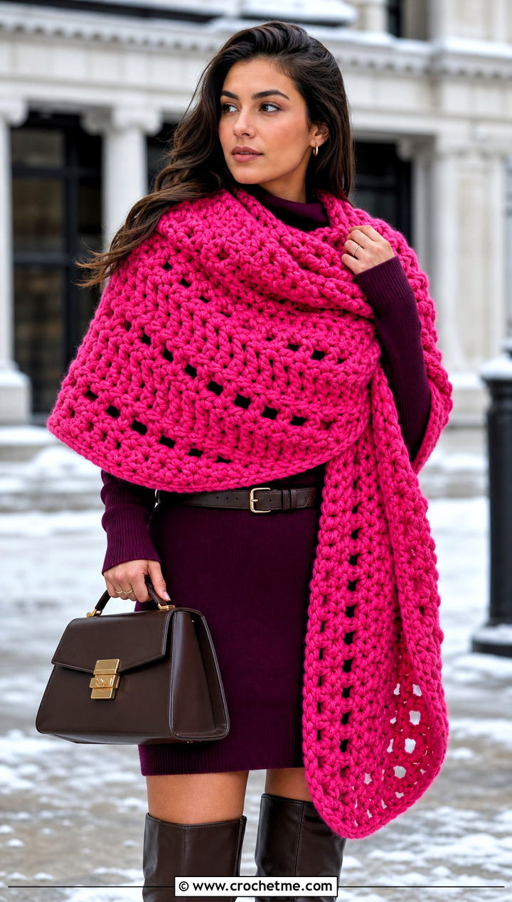 Chunky Asymmetrical Crochet Shawl With Sweater Dress And Boots - 30 asymmetrical crochet shawl outfit ideas