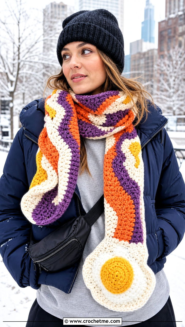 Chunky Bacon And Eggs Scarf With Puffer Jacket - 20 Crochet Bacon And Eggs Scarf outfit ideas