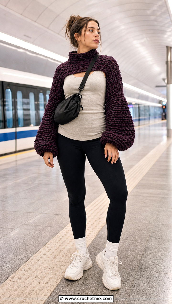 Chunky Balloon Sleeve Crochet Arm Shrug With Leggings - 25 Crochet Arm Shrug outfit ideas
