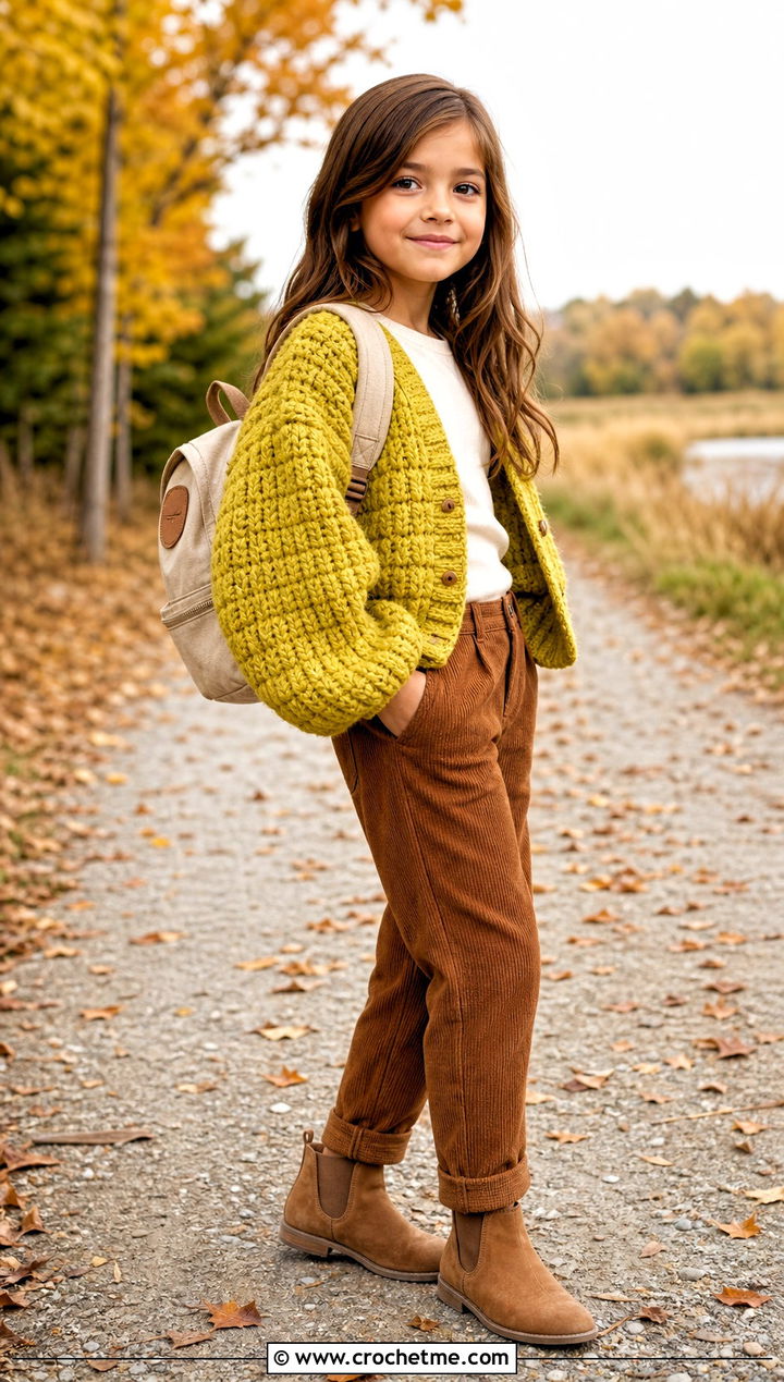 Chunky Balloon Sleeve Crochet Cardigan With Corduroy Pants - 25 Childs Crochet Cardigan outfit ideas