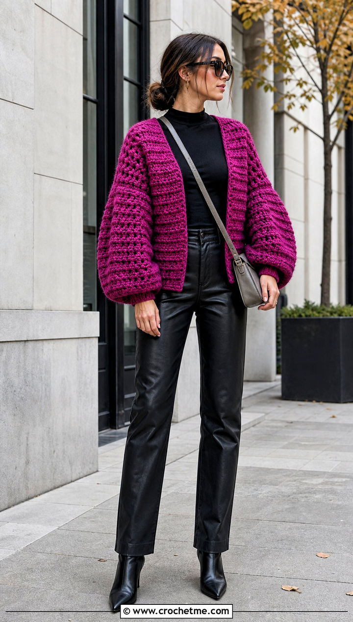 Chunky Balloon Sleeve Crochet Cardigan With Leather Pants - 15 trendy crochet cardigan outfit ideas
