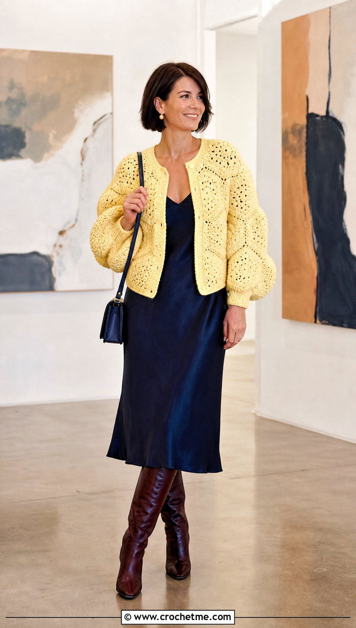 Chunky Balloon Sleeve Hexagon Cardigan With Slip Dress - 30 chunky crochet hexagon cardigan outfit ideas