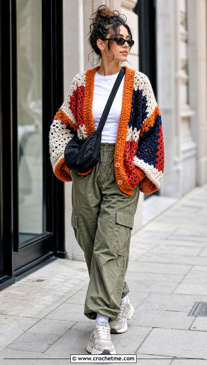 Chunky Balloon Sleeve Patchwork Crochet Cardigan With Cargo Pants - 15 harry styles patchwork crochet cardigan outfit ideas