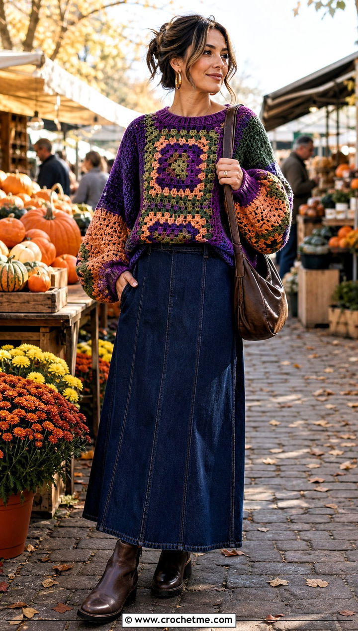 Chunky Balloon Sleeve Patchwork Sweater With Maxi Skirt - 30 crochet patchwork sweater outfit ideas