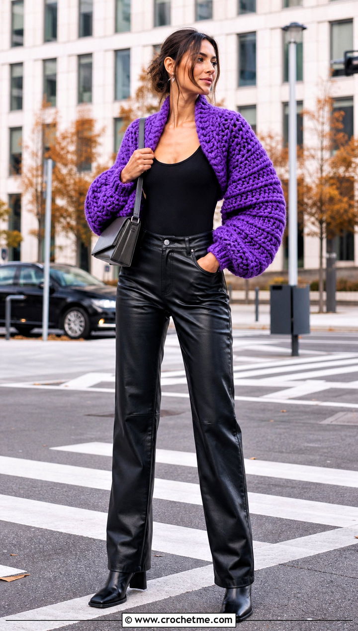 Chunky Balloon Sleeve Shrug With Leather Pants - 25 crochet shrugs and boleros outfit ideas