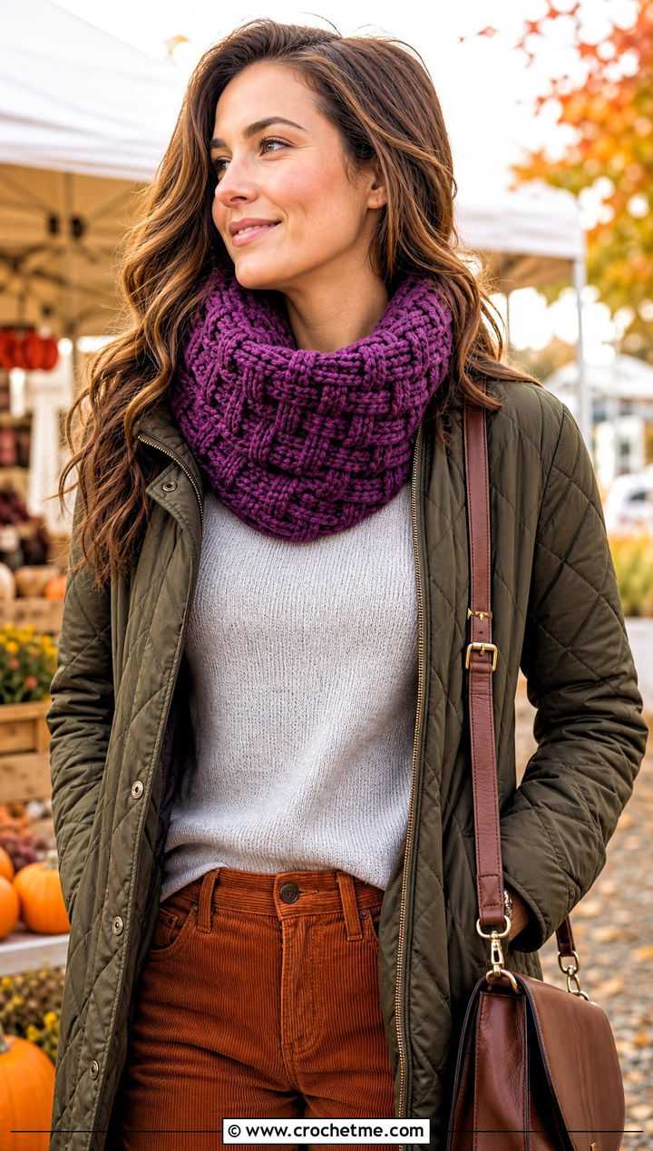 Chunky Basketweave Crochet Cowl With Corduroy Outfit - 30 chunky crochet cowl outfit ideas