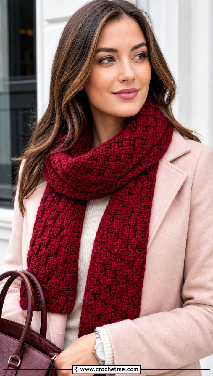 Chunky Basketweave Crochet Scarf With Tailored Coat - 25 Chunky Yarn Crochet Scarf outfit ideas