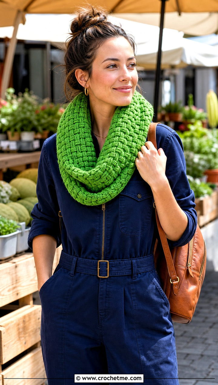 Chunky Basketweave Infinity Scarf With Utility Jumpsuit - 20 Chunky Crochet Infinity Scarf outfit ideas