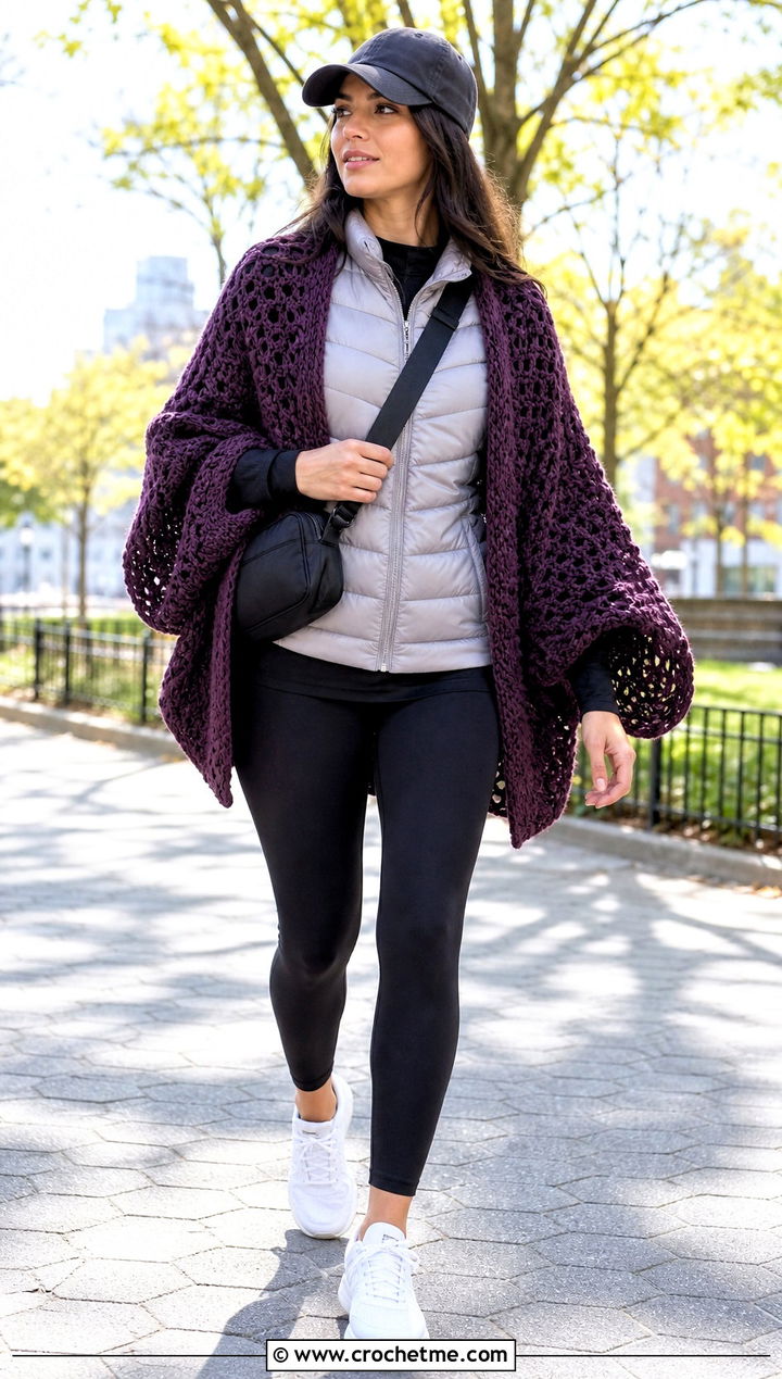 Chunky Bat Wing Crochet Shawl With Leggings And Sneakers - 25 bat wing crochet shawl outfit ideas