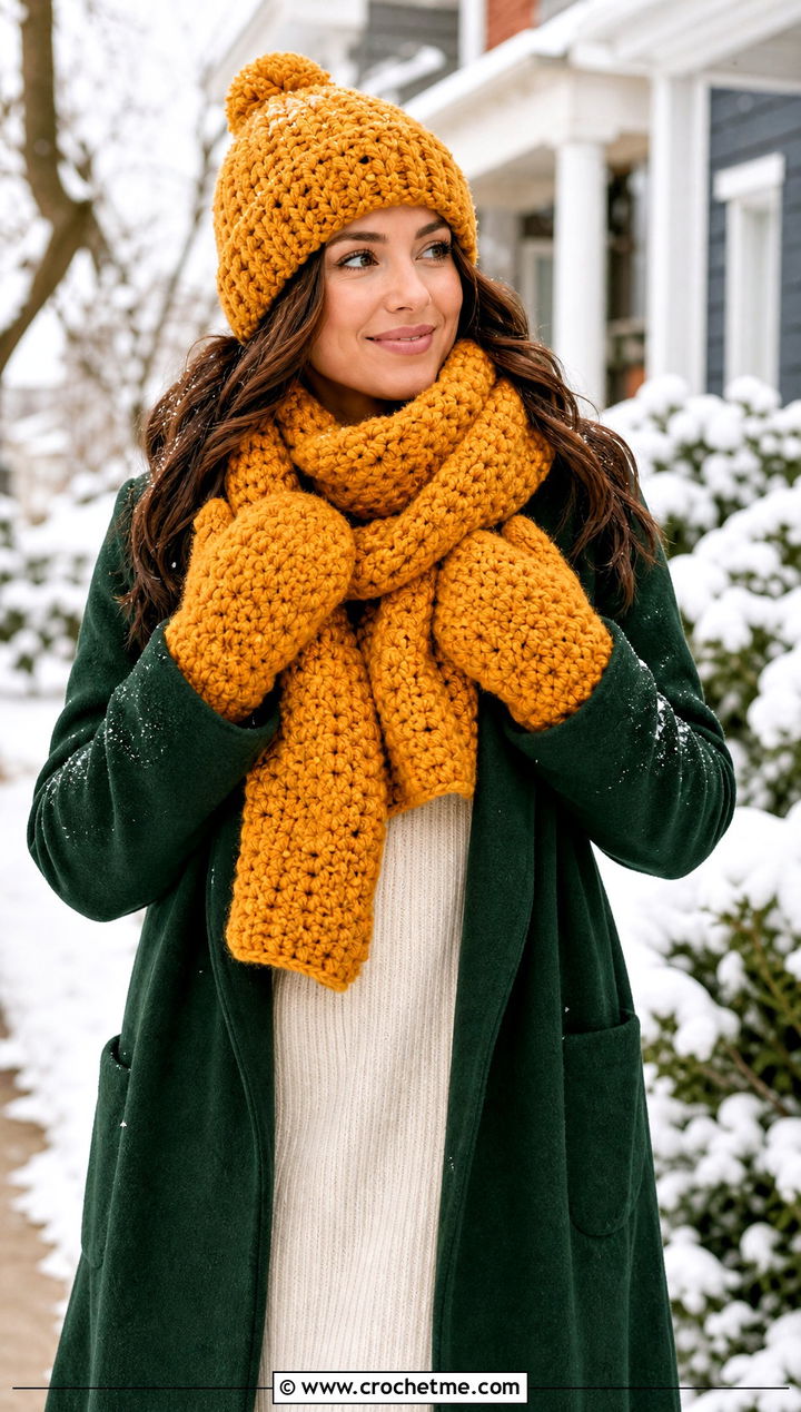 Chunky Beanie Oversized Scarf And Mittens With Sweater Dress - 25 crochet hat scarf gloves set outfit ideas