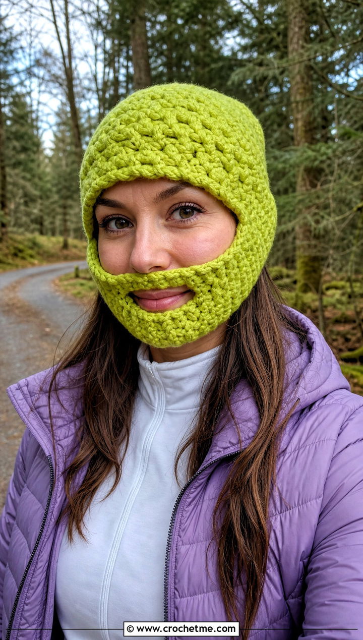 Chunky Beard Crochet Beanie With Quilted Jacket - 25 Beard Crochet Hat outfit ideas