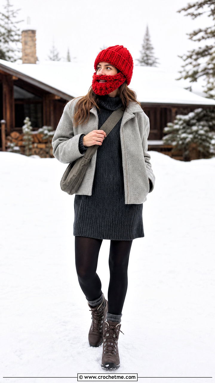 Chunky Beard Hat With Sweater Dress - 35 crochet beard hat outfit ideas