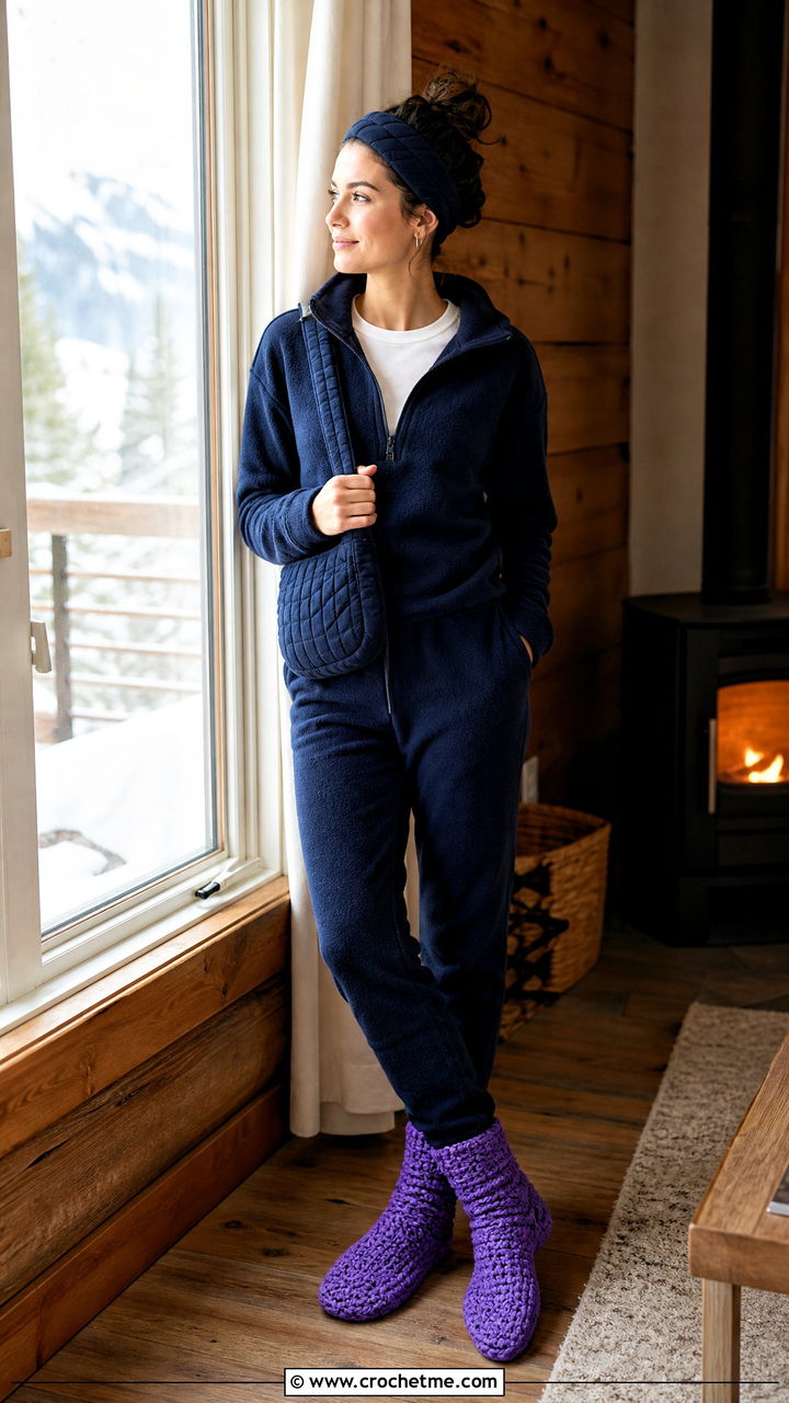 Chunky Bed Socks With Fleece Lounge Set - 35 crochet bed socks outfit ideas