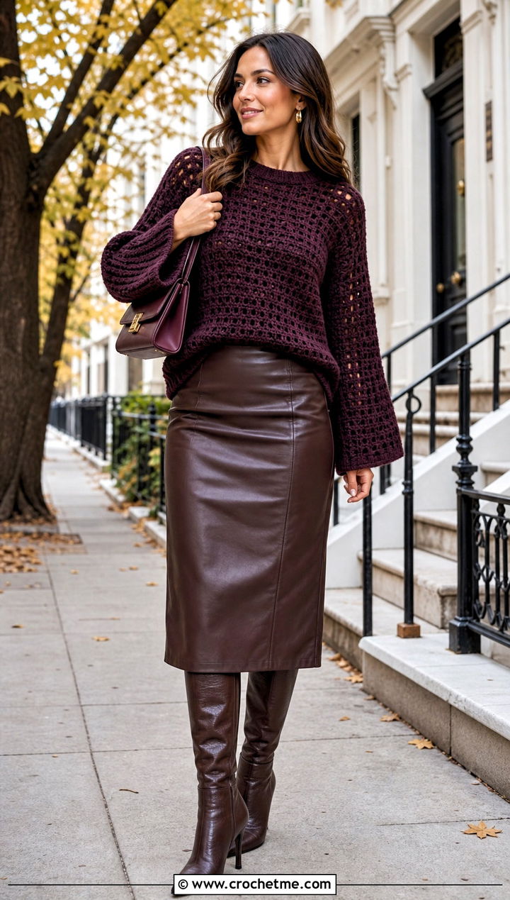 Chunky Bell Sleeve Crochet Sweater With Faux Leather Skirt - 25 bell sleeve crochet sweater outfit ideas