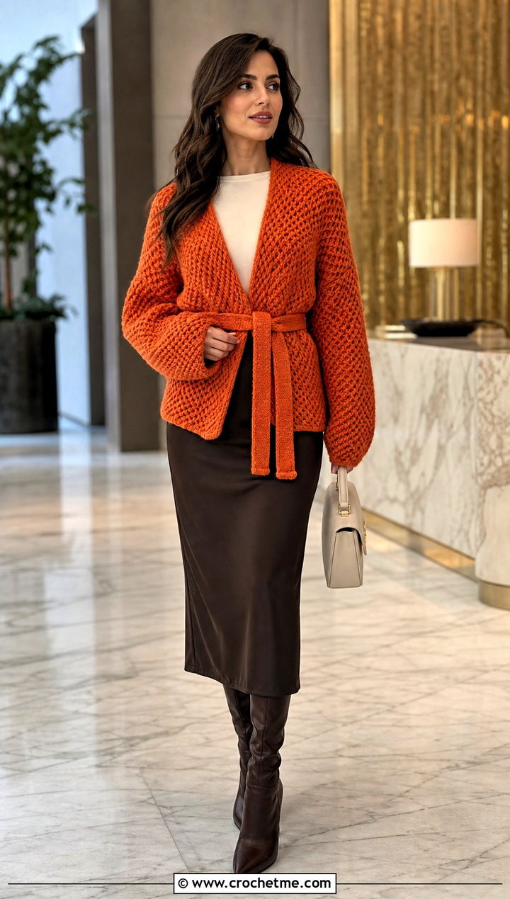 Chunky Belted Hexagon Cardigan With Column Skirt - 30 chunky crochet hexagon cardigan outfit ideas